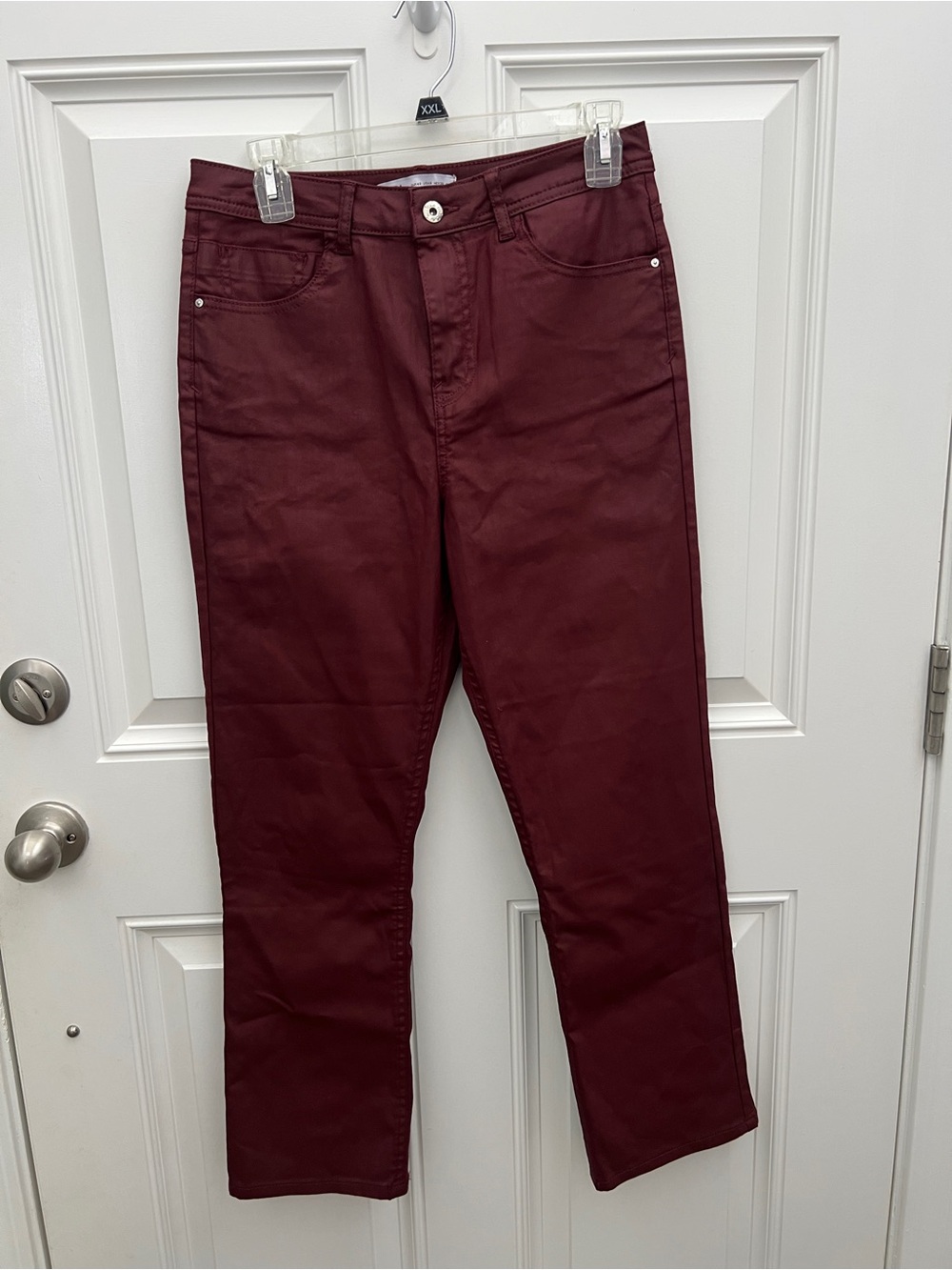 Zara‎ Womens Coated Burgundy Straight Leg Jeans Size 8 Maroon Faux Leather Look